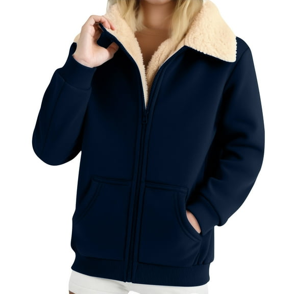 SYMOID Womens Navy Sherpa Lined Full Zip Jacket - 100% Polyester Warm Insulated, Casual Outerwear for Cool Days with Ribbed Cuffs & Front Pockets,Size 2XL