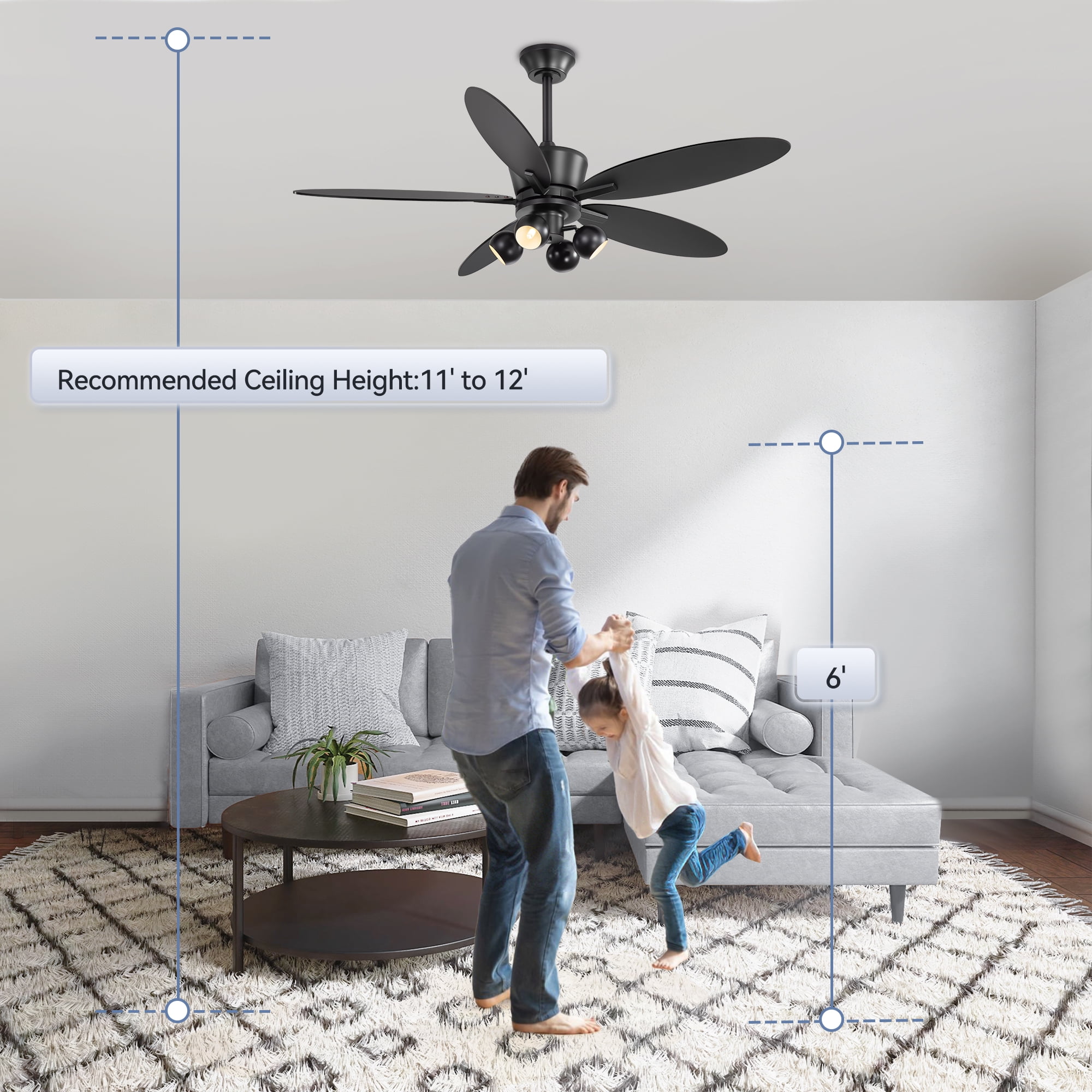 ALKAFY 52 inch Matte Black Industrial Ceiling Fan - 5 Blades with Light & Remote for Living Room, Bedroom