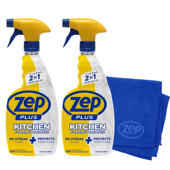 Zep Plus Foaming Kitchen Cleaner 32 oz and Blue Microfiber Rag No-Streak Cleaner for Kitchen Countertops Backsplashes and Appliances