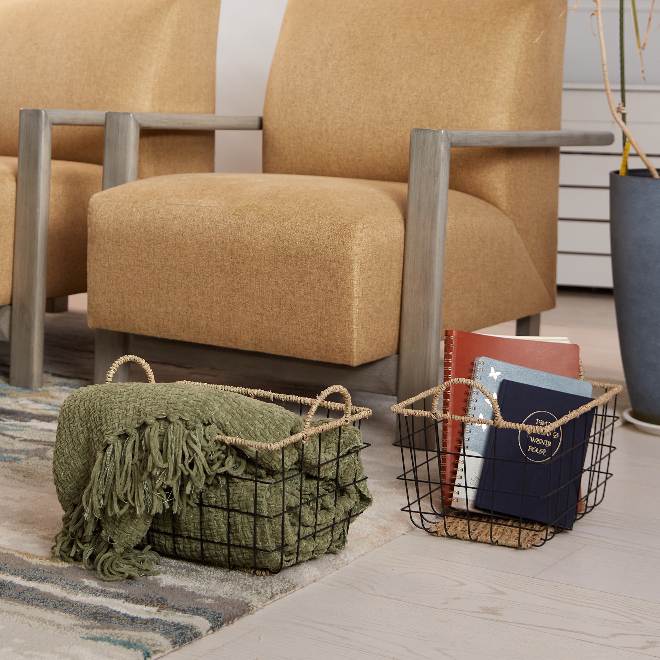 Better Homes & Gardens Natural Living Line Woven Seagrass, Wire Decorative Baskets, Handles, Set of 2