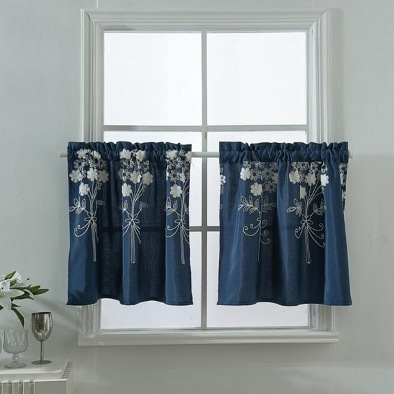 Overfox Short Blackout Curtains for Bedroom Small Windows,Floral Pattern Blackout Curtain for Bathroom Shower Window/Kitchen,1 Panel, Dark Blue, 54"*24.1"