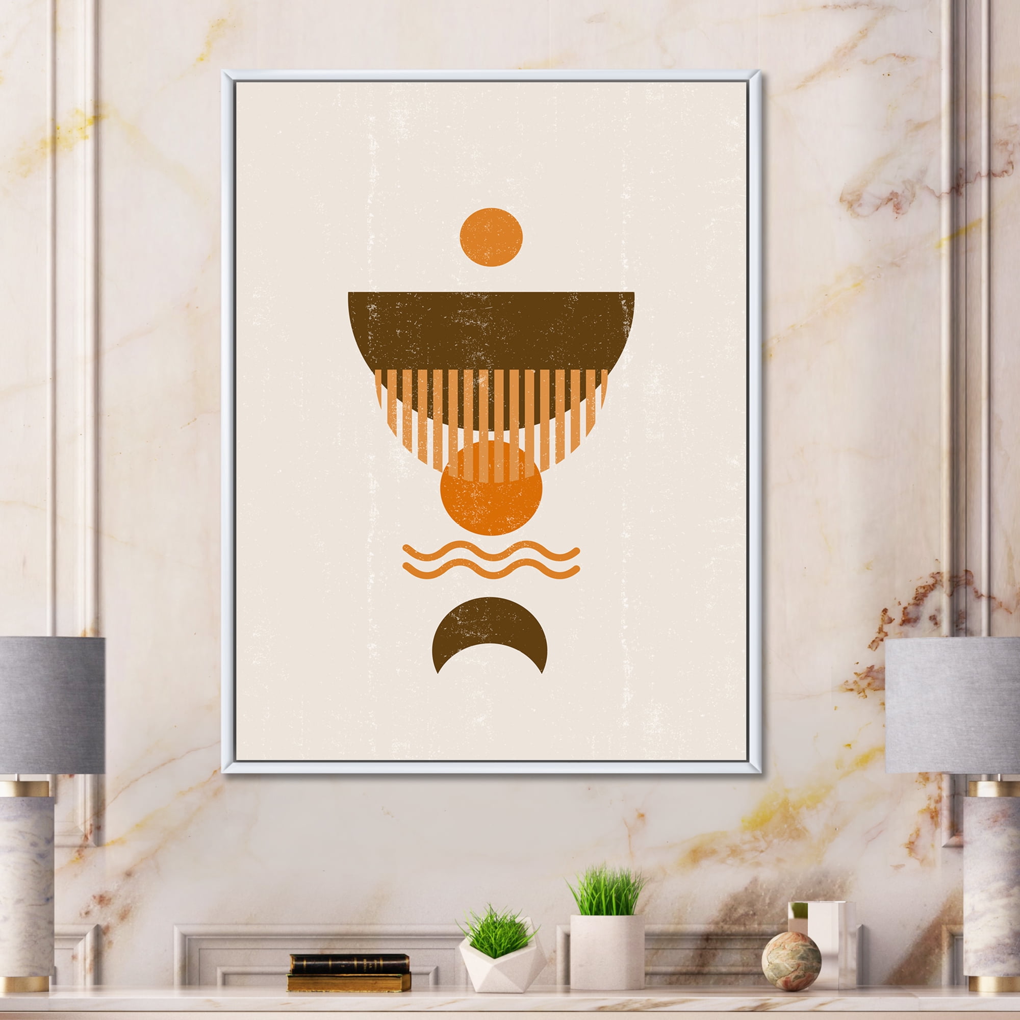 Designart 'Abstract Minimal Brown Moon and Orange Sun' Modern Framed Canvas Wall Art Print