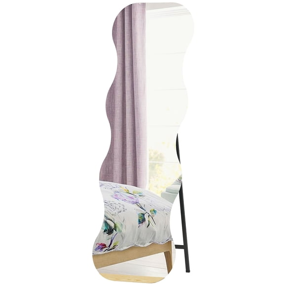 64" Black Frameless Wavy Full Length Mirror with Pine Wood Base - Bedroom, Living Room Standing Mirror for Full Body View & Stylish Decor