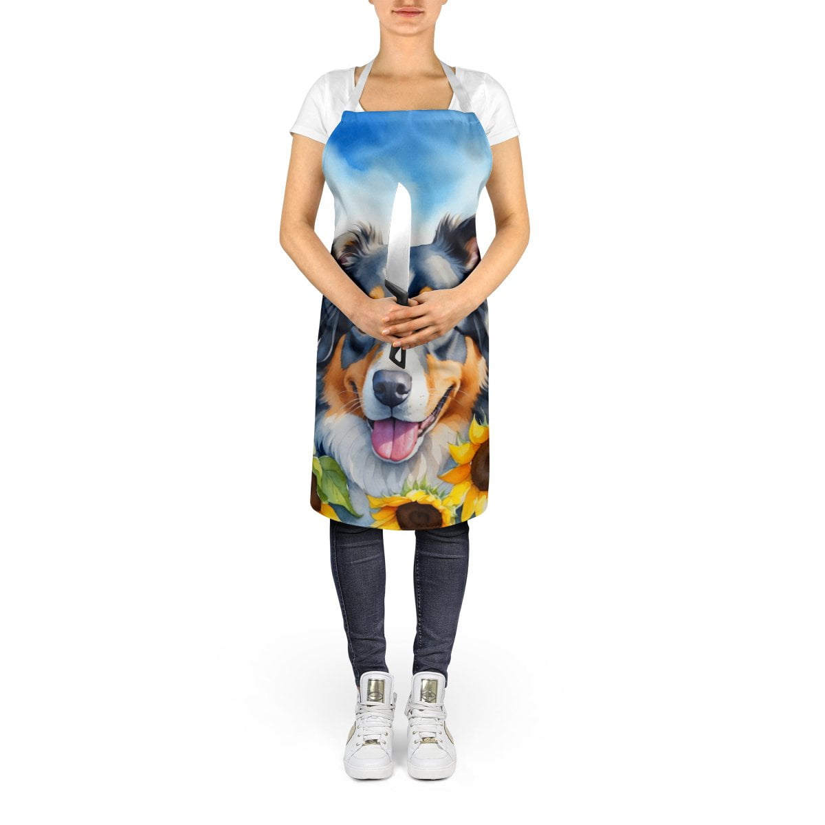 Australian Shepherd in Sunflowers Apron 27 in x 30 in