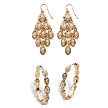 Marquise Shaped Simulated Pearl Two Pair Chandelier And Hoop Marquise Shaped Simulated Pearl Two Pair Chandelier And Hoop Earrings Set In Gold Tone