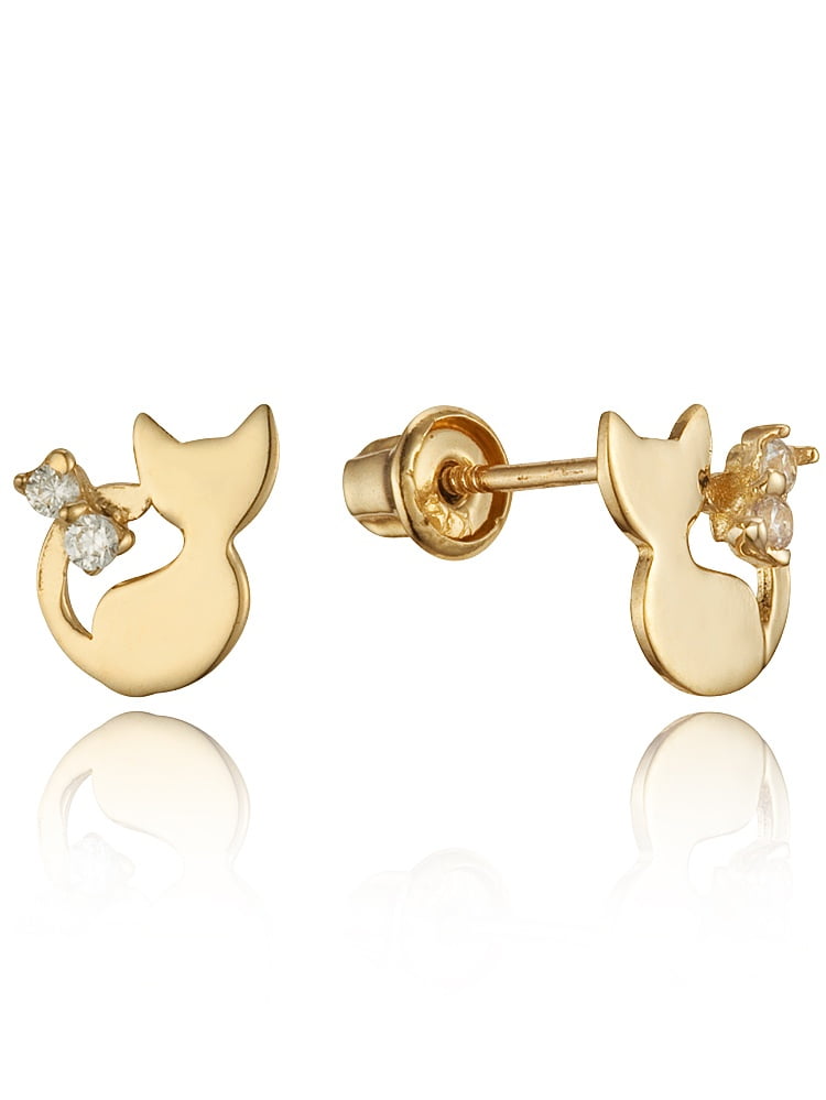 Solid Yellow Gold Cat Kitty Stud Earrings MenWomen Push Back
