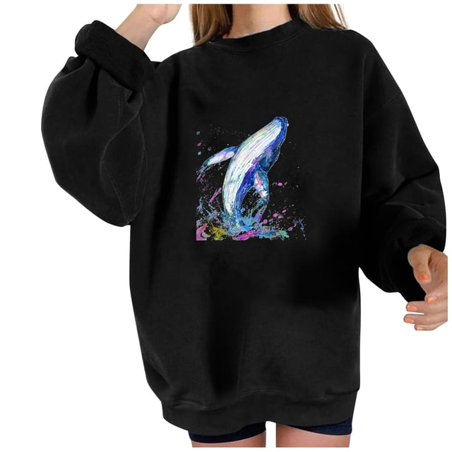 Sudadera extragrande de lana de manga larga con cuello redondo y estampado de océano salvaje para mujer Fridja fhghd412