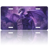 1 Pcs 2D Flat License Plate Covers & Frames, Purple Dragon on Monument For Decorative Front, Waterproof For Decoration Aluminum License Plate Covers & Frames Cover For Men Women, 12" X 6"