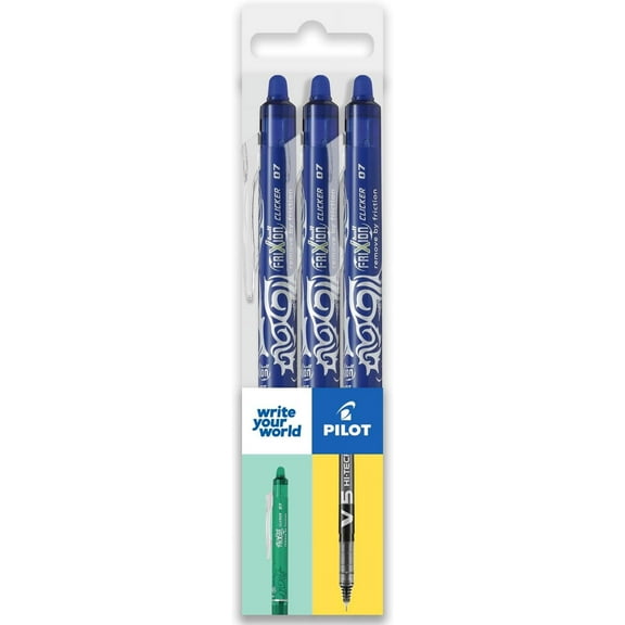 Pilot FriXion Clicker Fine Erasable Rollerball Pen - Retractable 0.7mm Nib - Wallet Pack of 3 - Blue Ink