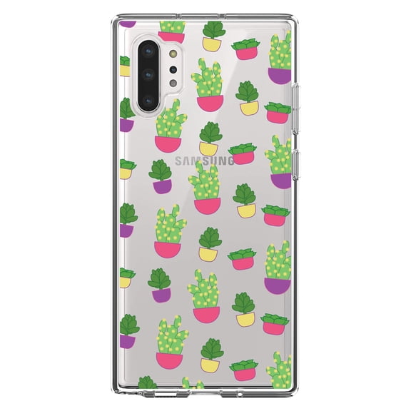 DistinctInk Clear Shockproof Hybrid Case for Galaxy Note 10 PLUS (6.8" Screen) - TPU Bumper, Acrylic Back, Tempered Glass Screen Protector - Succulents / Cacti