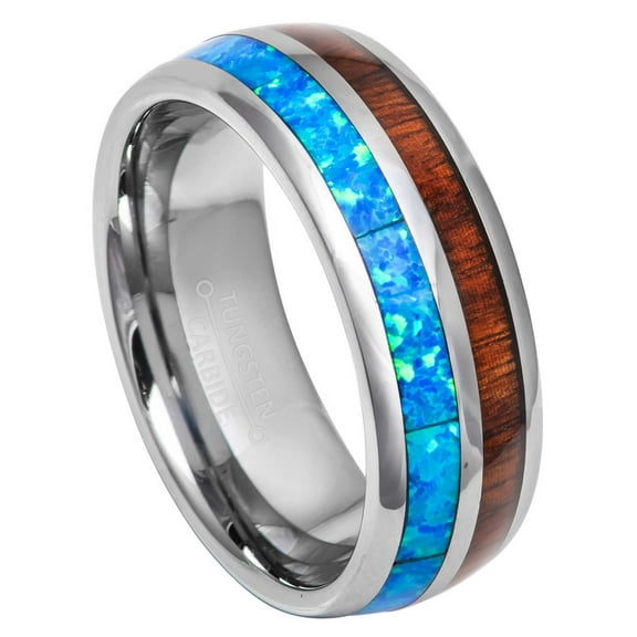 8mm Men's Dome Tungsten Wedding Band, Koa Wood & Opal Inlay Anniversary Ring - TN885WAs10