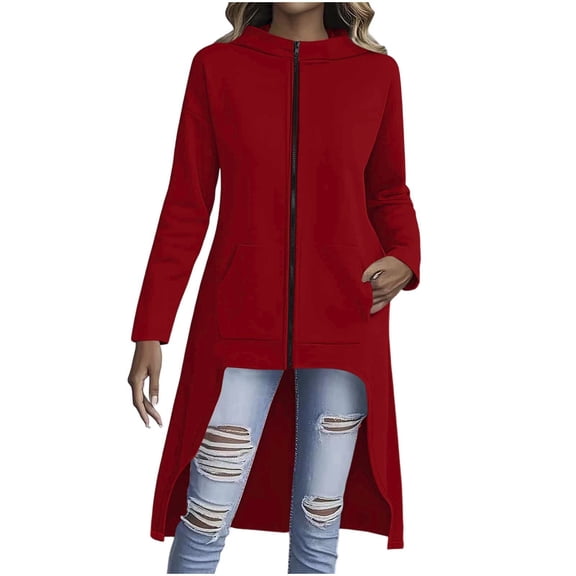Edvintorg Women Jacket Full Zip Hooded Long Split Coat Lightweight Long Sleeve Casual Tunic Outerwear with Pocket Womens Clothing Red L