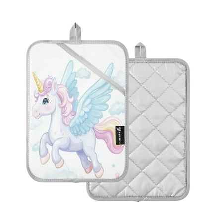 

2 Pcs Pot Holders Sets Oven Mitts Square Potholders Oven Hot Pads Heat Resistant for Kitchen Cooking Baking 7 x9.8 White Unicorn with Wings