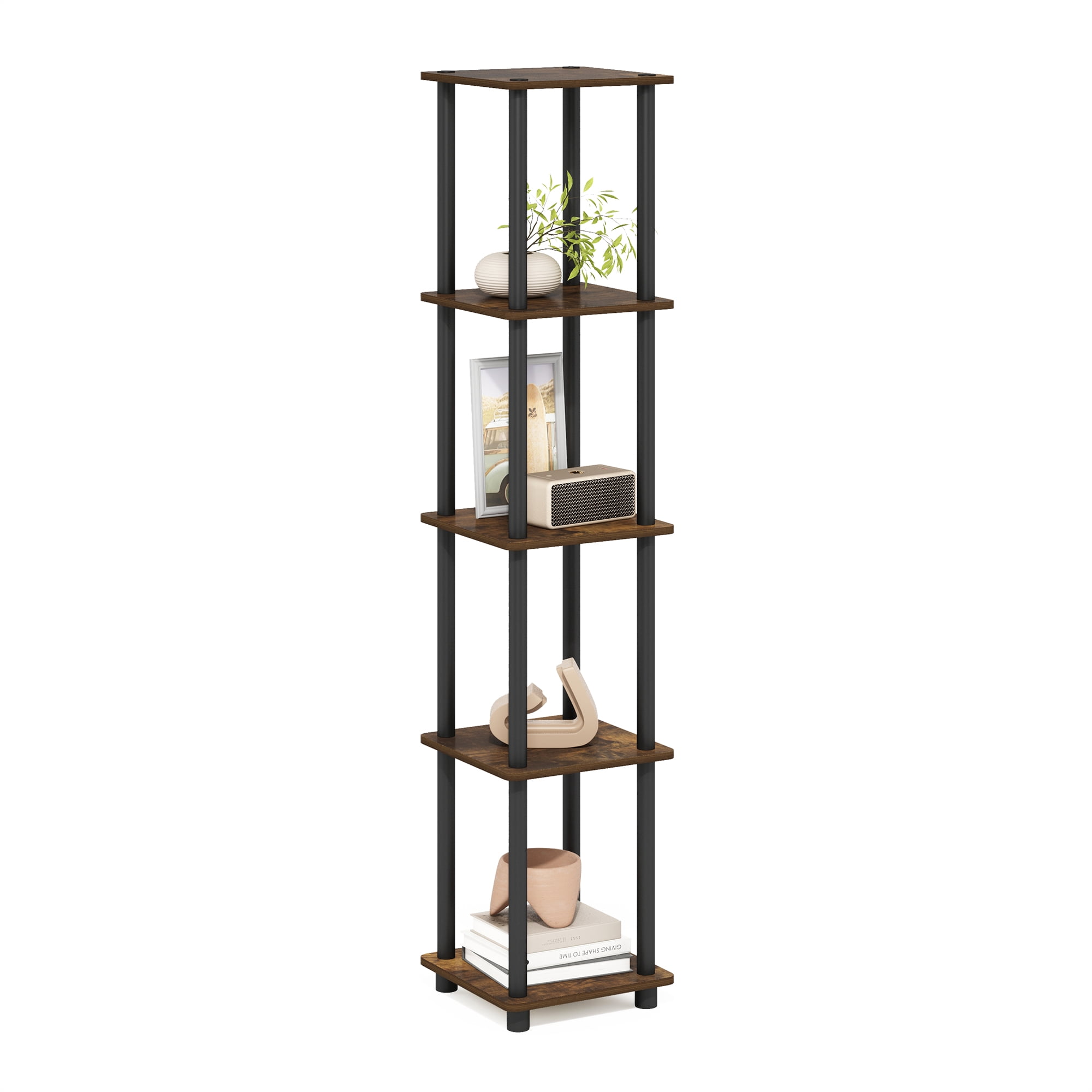 Furinno TURN-N-TUBE 5-Tier Corner Square Rack Display Shelf in Amber Pine/Black