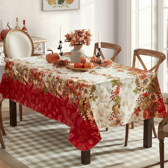 Newbridge Thanksgiving Bountiful Harvest Country Cottage Print Rectangle Vinyl Tablecloth with Flannel Backing, 52 x 70 Inch, Pumpkin, Sunflower and Leaf Border Design Table Cover for Holiday Dining