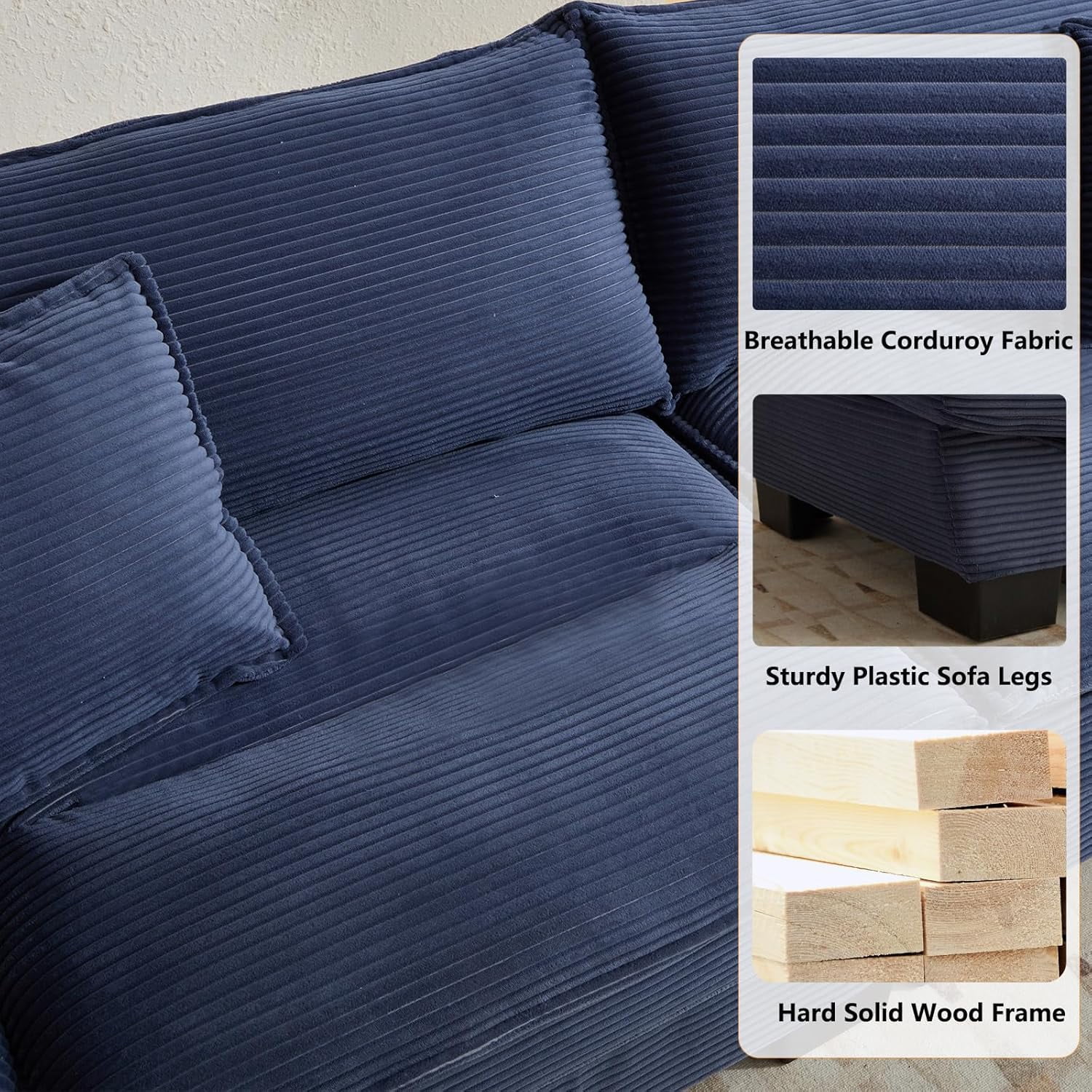 AENKYO 84" Corduroy Loveseat Sofa with Pillows, Modern 2-Seater Couch for Living Room,Blue