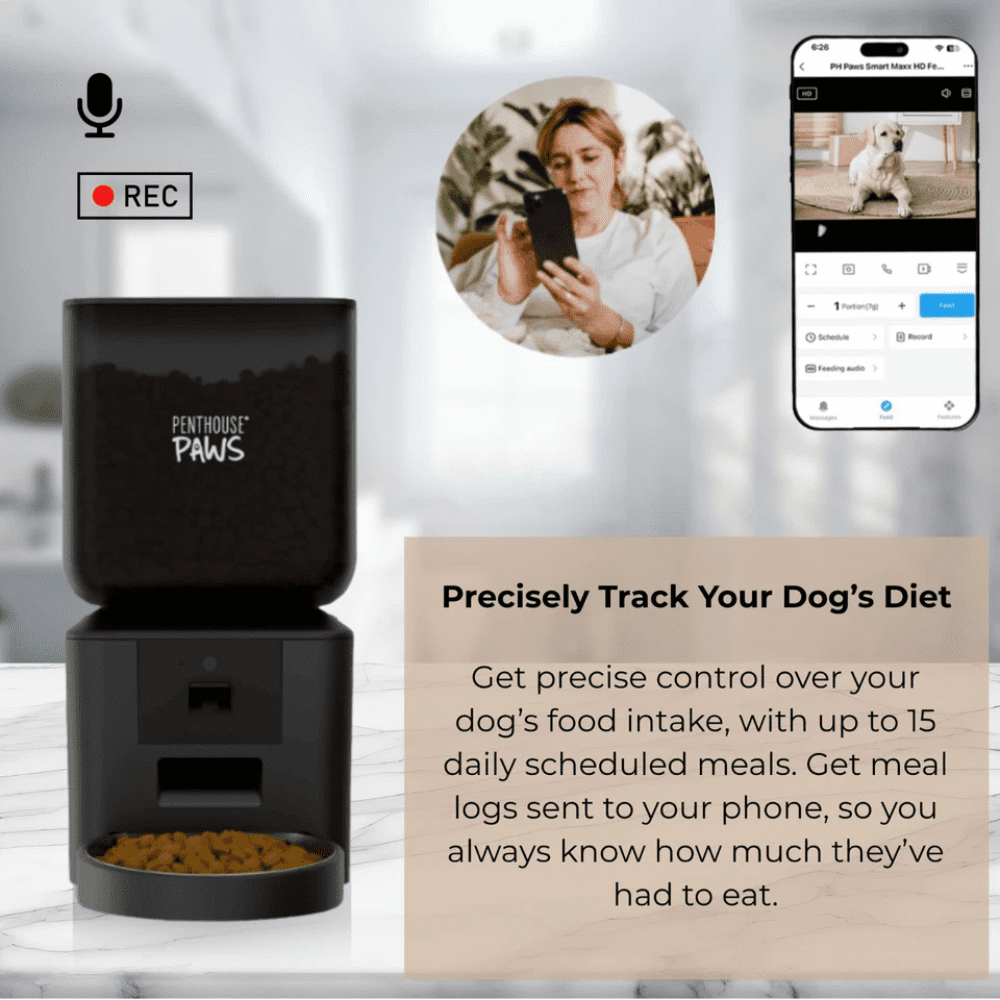 Penthouse Paws Smart Maxx HD Automatic Pet Food Feeder, 7L Capacity, 1080p Camera, WiFi App Control, 2-Way Audio, Anti-Jam Design, Backup Power, Stainless Steel Bowl, Black, for Cat & Dog