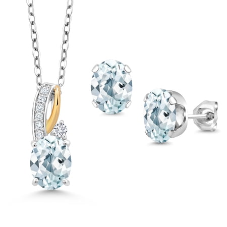 Gem Stone King 3.69 Ct Sky Blue Aquamarine E-F Lab Grown Diamond 925 Silver and 10K Yellow Gold Pendant and Earrings Jewelry Set
