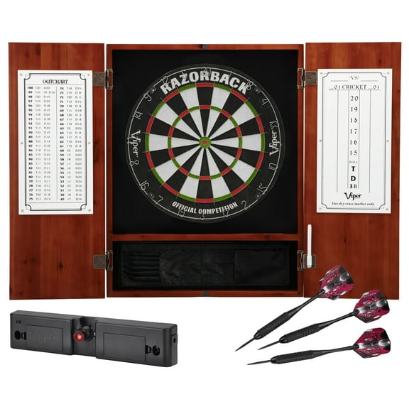 Viper Metropolitan Sisal Fiber Bristle Dartboard and Cabinet Bundle: Elite Set (Razorback Dartboard, Darts and Throw Line Light), Cinnamon Finish