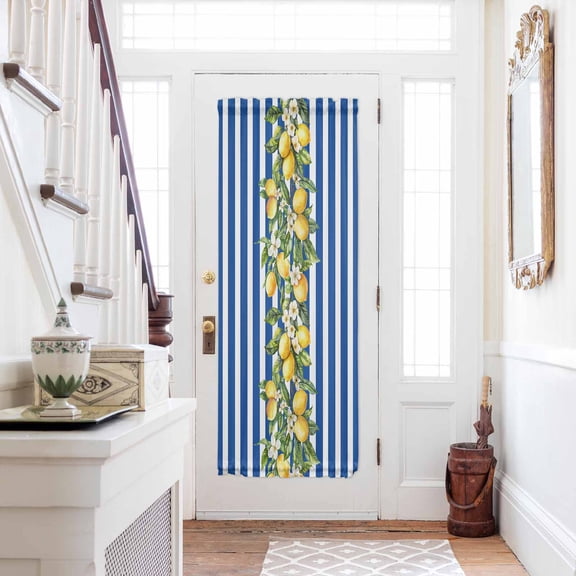 Blue Stripes Lemon Door Curtains for Door Window, French Sidelight Front Back Door Curtains With Tieback, Spring Fruit Flowers Leaves Line Kitchen Rod Pocket Drapes Panel, 54"x72"