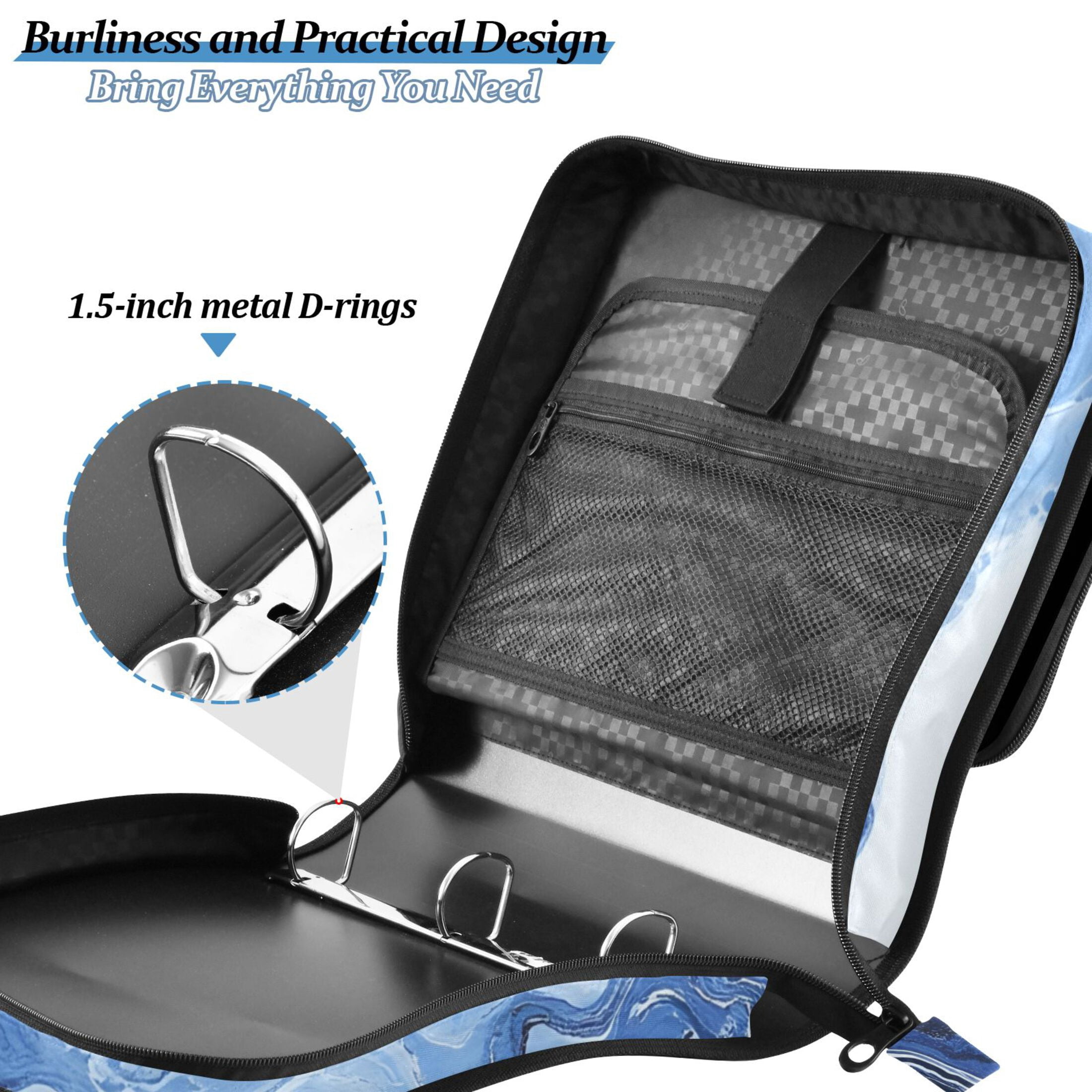 3 Ring Zipper Binder with Shoulder Strap Waterproof Trapper Keeper 2 Inch D-Ring 500 Sheets Capacity Blue Black White Marble