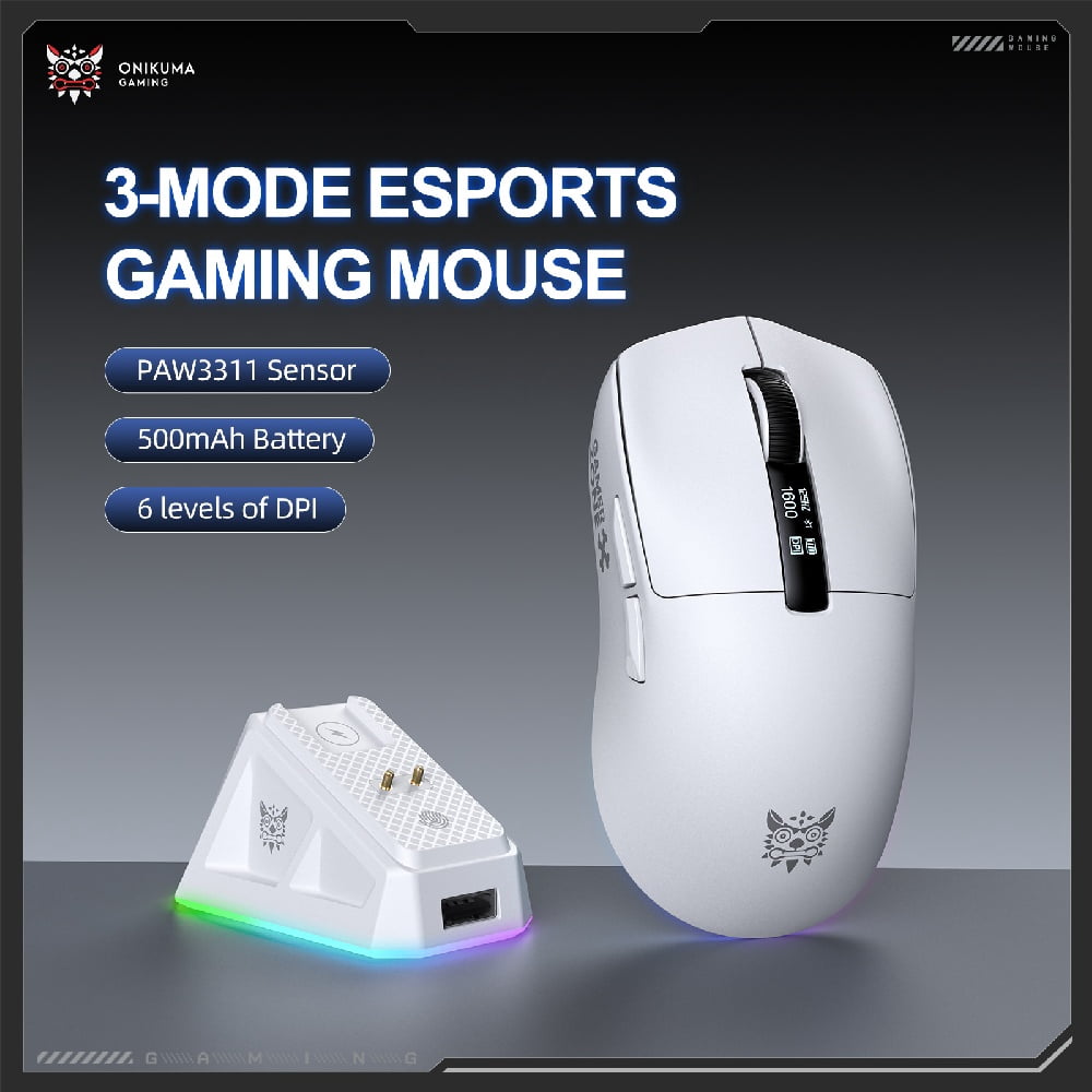 Lightweight Wireless Gaming Mouse, Bluetooth Mouse with Charging Dock, Paw3311 Optical Sensor, Ergonomic Three-Mode Design, Compatible with Windows/Mac/PC, Suitable for Gaming and Office, White