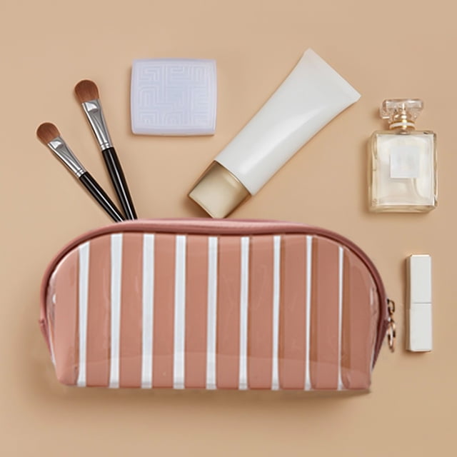 Clear Striped Cosmetic Bag, Portable Travel Organizer, Hangable Design, Translucent Material, for Gals, Daily Use, Compact Storage, Stylish Accessory, Lightweight Carry, Desk Travel Ready, Ihhxbz