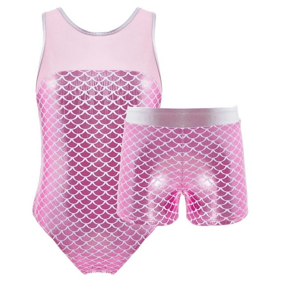Alvivi Kids Girls Gymnastic Performance Outfits Fish Scales Print Leotard Shorts Set