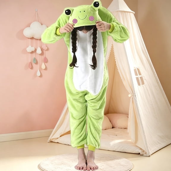 Goodw7 Fleece Animal Pajamas, Full Zip Hooded Onesie Costume with Frog Design and Elastic Ankle Cuffs, Soft Loungewear for Sleepwear Party Dress Up