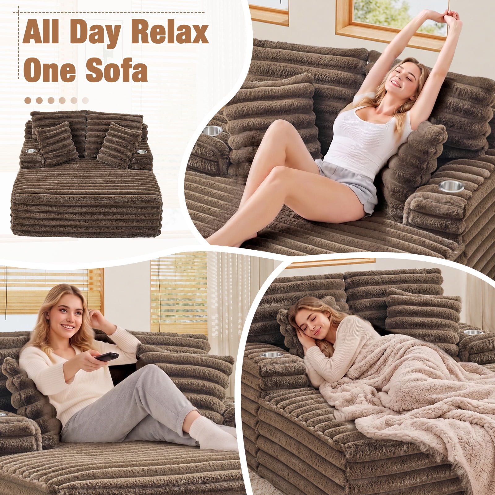Lunale Oversized Chaise Lounge Chair Indoor Furniture, Boneless Cloud Couch with Cup Holders, Faux Fur Accent Chair for Living Room, Brown