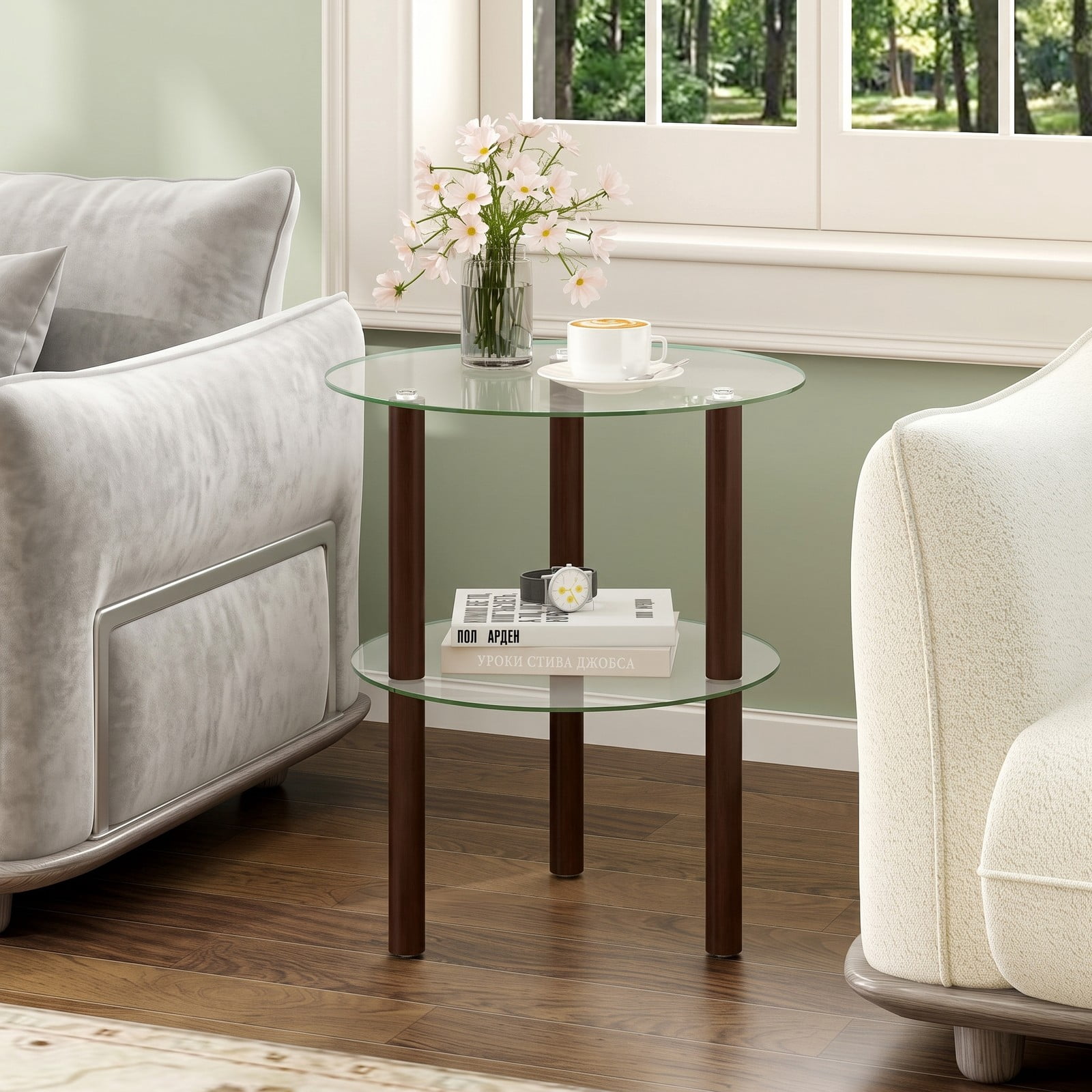 Furnibear 2-Tier Round End Table with Clear Tempered Glass Top and Storage Shelf, Rubber Wood Legs Side Sofa Nightstand for Living Room Bedroom, Brown