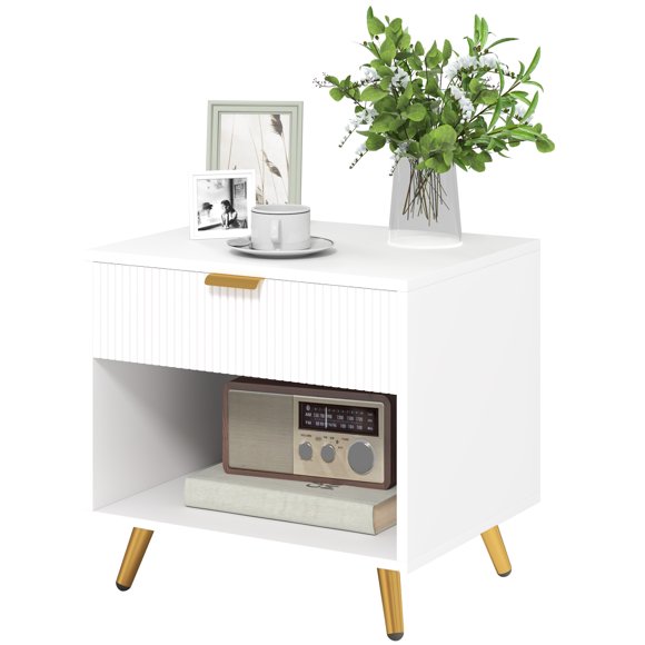 HOMCOM Nightstand with Drawer and Open Compartment for Bedroom, White