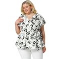 thumbnail image 3 of Women's Plus Size Tops Ruffle Neck Floral Print Bell Sleeve Wrap Tie Waist Boho Peplum Blouse White 3X, 3 of 7