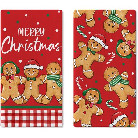 Merry Christmas Gingerbread Man Red Kitchen Dish Towels Set of 2, Xmas Candy Cane Buffalo Plaid Drying Hand Towel Baking Cooking Cloth, Winter Holiday Bathroom Home Decoration 18 x 26 Inches