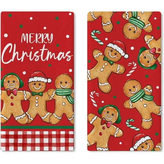 Merry Christmas Gingerbread Man Red Kitchen Dish Towels Set of 2, Xmas Candy Cane Buffalo Plaid Drying Hand Towel Baking Cooking Cloth, Winter Holiday Bathroom Home Decoration 18 x 26 Inches