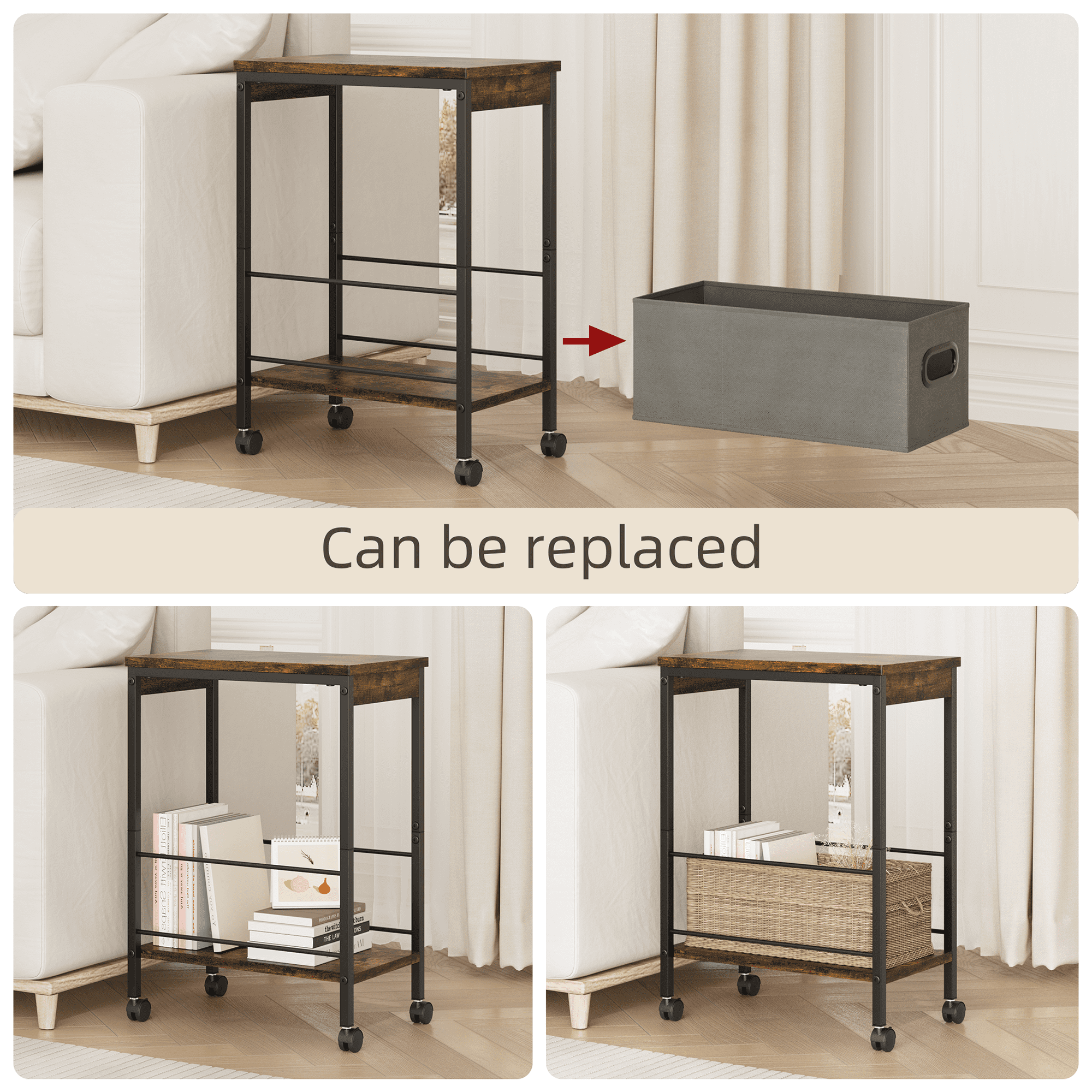 Narrow End Table Living Room with Wheel, Side Table with Fabric Drawer, Slim Nightstand for Bedroom, Small Spaces