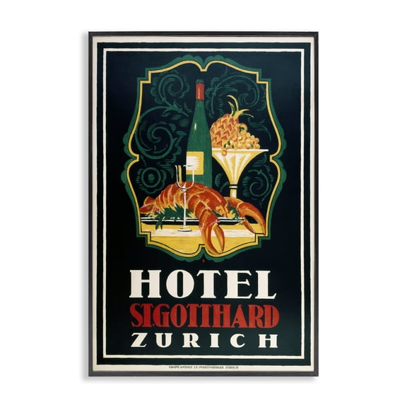 Stupell Industries Cottage Vintage Hotel Zurich with Lobster Black Framed Giclee Art, 12 x 18, by Marcus Jules