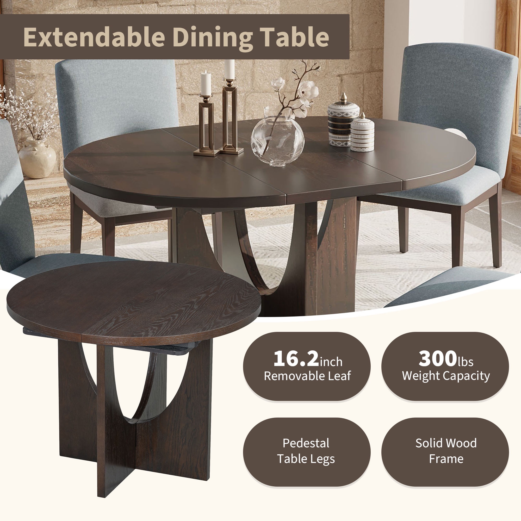 Harper & Bright Designs 5 Pieces Extendable Round Dining Table Set for 4, Modern Kitchen Dining Table with Removable Leaf and 4 Upholstered Chairs for Dining Room, Espresso+Gray