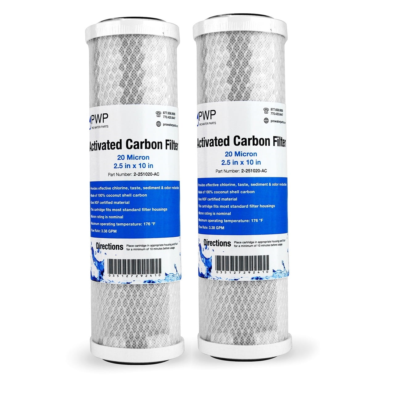 Activated Carbon CTO Water Filter Cartridge Standard 2.5 x10' 20 Micron 2 pack