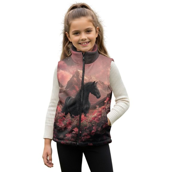 Xixirimido Horse Floral Moutain Pattern Girls Boys Zippered Vest Warm Soft Fleece Vest for Kids Sleeveless Stand Collar Jacket with Pockets Fall Winter Outerwear for 11-12Y