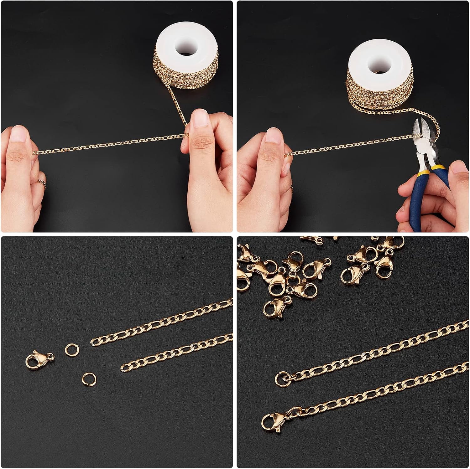 DIY 10M 32.8 Feet 3MM Gold Chain Roll Figaro Chains Stainless Steel Cable Chain Necklace Chains with Jump Rings Lobster Clasps for Women Adults Jewelry Making Kits Necklaces Bracelets Craft 1bag