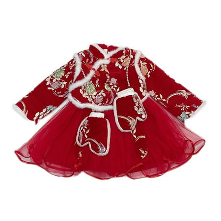 

JDEFEG Dresses Girls Toddler Kids Baby Children Fairy Hanfu Dresses for New Year Fleece Lined Warm Princess Dresses Tang Suit with Gloves Valentines Dress for Toddler Girl Red 110