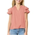 thumbnail image 4 of Taqqpue Girls Ruffle Short Sleeve T Shirts Kids V Neck Casual Shirts Pleated Flowy Solid Color Loose Fit Blouse Cute Fashion Tees Tops 5-14 Years, 4 of 9