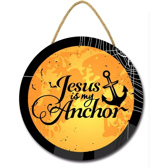 Eveokoki 12" Jesus is My Anchor Halloween Sign for Front Door Round Wooden Hanging Wreaths for Home Wall Decor Halloween Day Home Decoration Outdoor Indoor