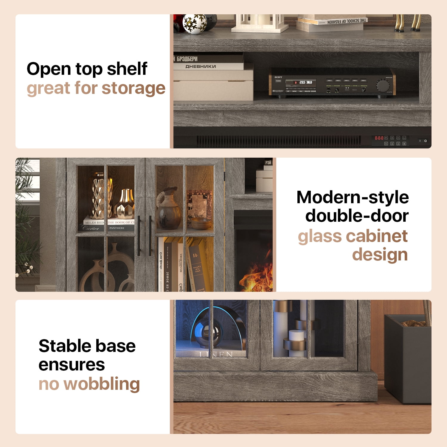 Sonegra 98" Farmhouse TV Stand with Fireplace for TVs up to 100", Media Entertainment Center with Adjustable Shelves and Large Storage Cabinets, for Living Room, Gray