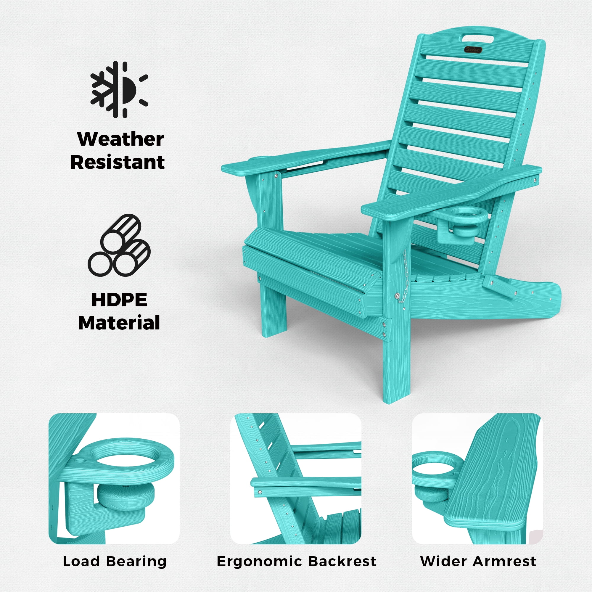 Folding HDPE Adirondack Chairs, Set of 2 Weather Resistant Outdoor Patio Chairs, Aqua