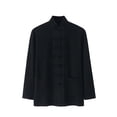 thumbnail image 2 of Ceisia Men's Solid Color Long Sleeve Stand Collar Chinese Knot Button Linen Blend Breathable Double Pocket Casual Shirt Black XL Gifts, 2 of 7