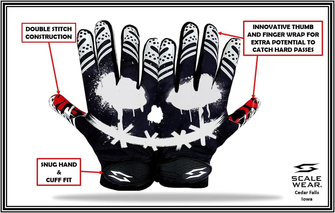 Joker Football Gloves Wide Receiver Jester Sticky Tacky Elite Pro Grip Super Sports Palms Performance Boost Game Skin Tight Kids Boys Sizes Youth Adult Men Wide Villain Battle America (Youth Large)