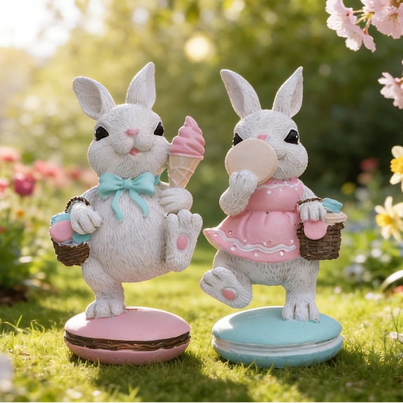 AZXY Easter Bunny Decorations, Set of 2 Resin Rabbit Figurines on Macaron Base, Pastel Easter Tabletop Decor for Home Office Indoor Party, Festive Holiday Ornament Gift for Spring Decor