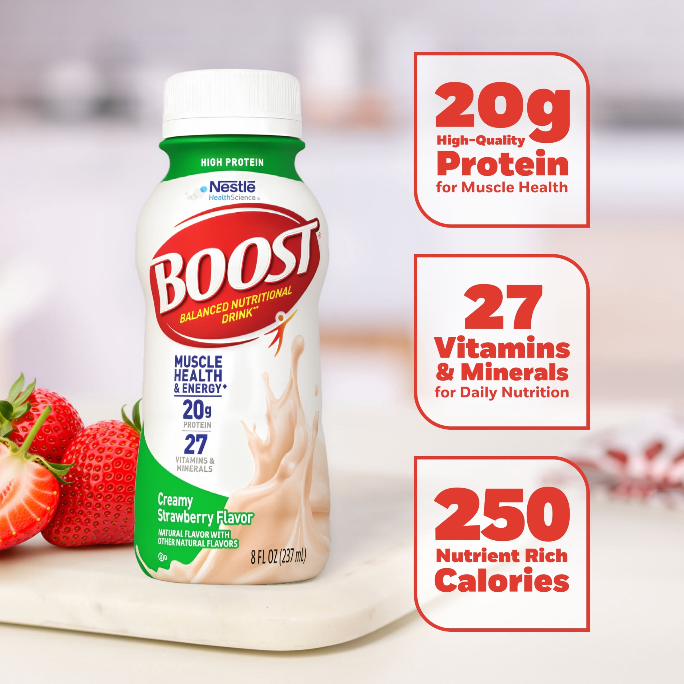 BOOST 20g High Protein Nutritional Drink Shakes, Creamy Strawberry, 8 fl oz, 6 Pack